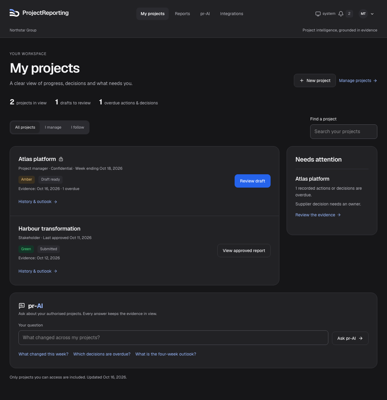 ProjectReporting My projects workspace: a confidential Atlas project with a draft ready for review, an approved Harbour report, overdue decisions and pr-AI. Sample data.