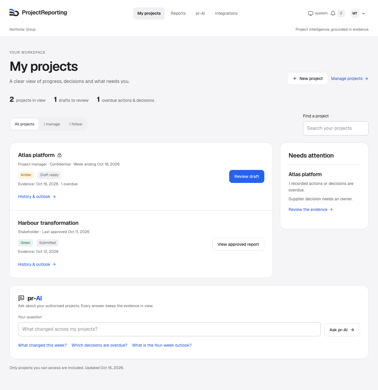 ProjectReporting My projects workspace: a confidential Atlas project with a draft ready for review, an approved Harbour report, overdue decisions and pr-AI. Sample data.